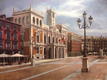 Perspectiva de la Plaza Mayor de Valladolid. Cuadro de Miguel Vivo, óleo sobre tabla