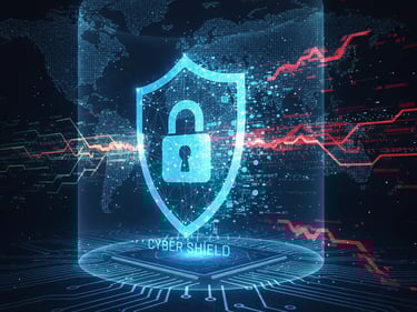 Glowing digital shield icon representing cybersecurity protection