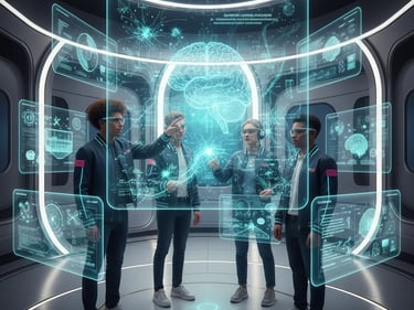 Digital futuristic AI interface showing a robotic figure and neural network graphics