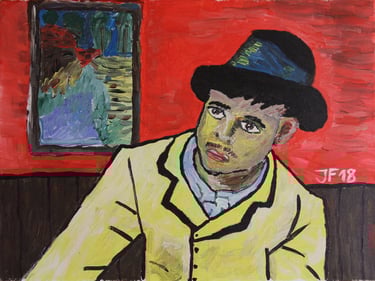 a painting of a young man with a hat and a yellow jacket