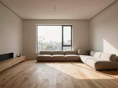 Luminous contemporary living room with minimalist design, natural oak flooring, and a large window, soft morning daylight, high-end editorial style