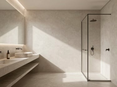 Minimalist bathroom with large format tiles, a floating vanity with a stone basin, and a walk-in shower, soft morning light, high-end editorial style