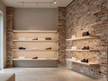 Chic boutique interior with exposed brick, minimalist display shelves, and warm accent lighting, architectural details, high-end editorial style