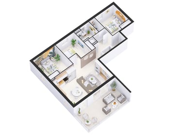 Axonométrie 3D d'un appartement moderne : visualisation claire des volumes et de l'agencement