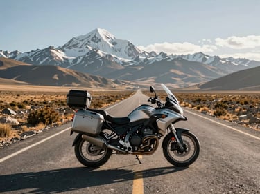 Wide-angle side profile of a touring motorcycle loaded with panniers on a long straight Andean highway, snow-capped peaks visible on the horizon, late-afternoon directional light casting long shadows across the road