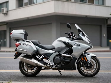 Three-quarter front view of an urban commuter motorcycle parked on a clean city street at the foot of Andean foothills, sharp architectural lines and instrument cluster visible, diffused daylight, minimal background clutter