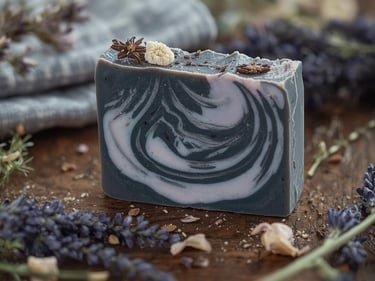 swirled handmade soap on a wood surface with lavender buds nearby