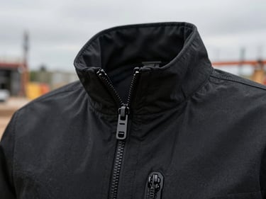 Detail close-up of Stormtech jacket collar and zipper hardware on an overcast outdoor jobsite, even diffused daylight, black technical fabric texture visible, no faces, construction environment in background