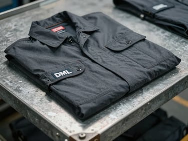 Close-up of DML branded workwear accessory laid flat on a raw steel warehouse shelf, overcast industrial lighting, stitching and material grain visible, no people, muted tones