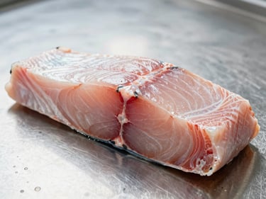 Close-up cross-section of a thick fish fillet on stainless steel surface under bright cool diffused light, flesh colour and texture fully visible, clinical framing, no garnish