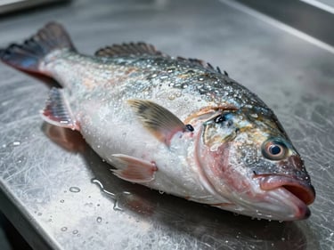 Extreme close-up of a whole robalo fish on stainless steel counter under cool diffused north-facing light, water droplets on skin, no warmth, clinical precision