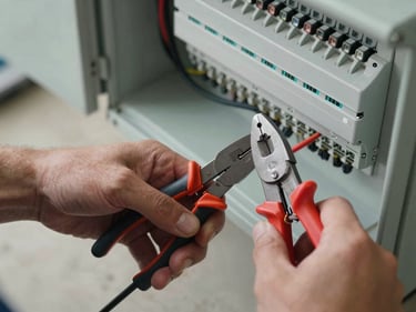 Close-up overhead shot of hands gripping wire strippers on an electrical panel cable, natural overcast daylight, concrete floor visible below