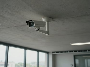 Wide environmental shot of a surveillance camera mounting bracket fixed to a concrete ceiling in an empty office corridor, overcast window light, cable tray visible in background