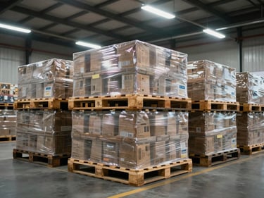 Interior of a regional warehouse, pallets stacked and wrapped under cool fluorescent light, goods organized for dispatch, no people