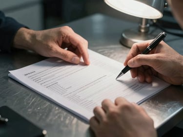Close-up of hands reviewing a dispatch sheet on a metal desk, pen in hand, freight documents visible, cool industrial overhead light
