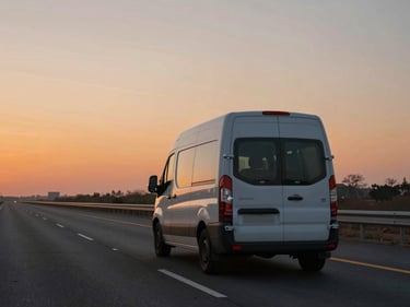 Ground-level view of a delivery van on an empty motorway at dawn, orange sky on the horizon, road stretching ahead, no driver visible