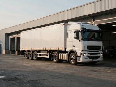 Wide shot of a semi-truck parked at a loading bay in a Lyon industrial zone, early morning natural light, concrete surroundings, muted tones