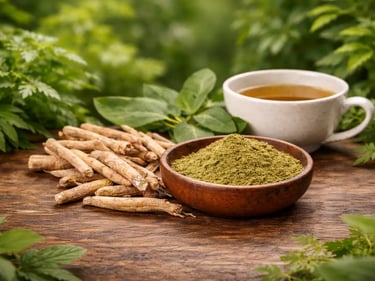 Pó natural de raiz de ashwagandha em uma tigela de madeira ao lado de raízes secas e chá de ervas.