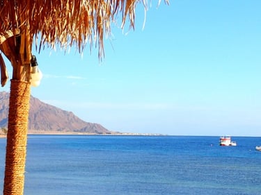 Coastal highway road from Taba to Ras Shitan with Red Sea and desert mountains in Egypt