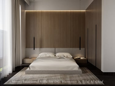 Modern bedroom with wood paneling, platform bed, and minimalist design.