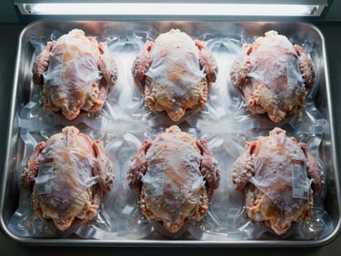 Close overhead study of vacuum-sealed frozen chicken portions arranged in a neat grid on a stainless steel tray under cool fluorescent light, frost visible on packaging surface, label text partially in frame, clinical and precise framing