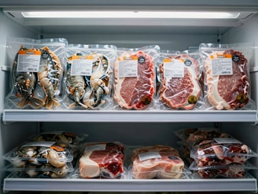 Close-up of multiple packaged frozen food products — seafood, processed meat, and ready-cook items — arranged in an organized row on a freezer shelf under even fluorescent light, packaging labels clearly visible, cool tones throughout