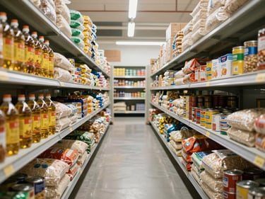 Wide shot of fully stocked dry goods shelves in a distribution warehouse — bags of rice, cooking oil bottles, canned goods, and packaged staples arranged in uniform rows under even white light, aisle perspective showing depth of inventory
