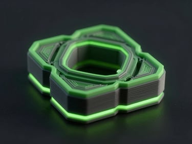 futuristic 3D printed custom object with unique parametric design, dark background, neon green edge-lighting, octane render
