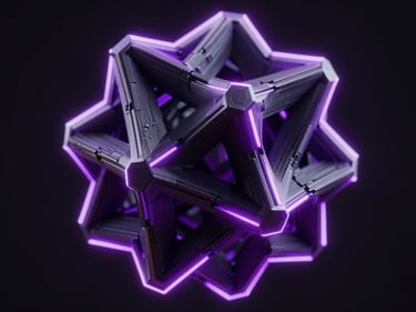 futuristic 3D printed decorative sculpture with kinetic geometry, dark background, neon purple edge-lighting, octane render