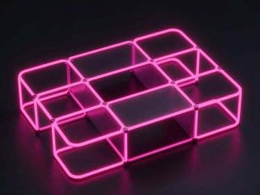futuristic 3D printed desk organizer with modular compartments, dark background, neon pink edge-lighting, octane render