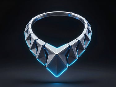 futuristic 3D printed geometric necklace floating, dark background, neon blue edge-lighting, octane render