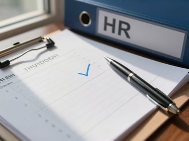Close-up of a checklist stamped with an approval mark resting on an open HR file folder, pen beside it, stable natural window light from the left, no people