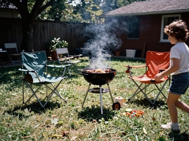 A backyard barbecue in the mid-1980s, harsh midday sun, folding chairs on patchy grass, a child running blurred at the frame edge, color print film with slight color shift toward orange