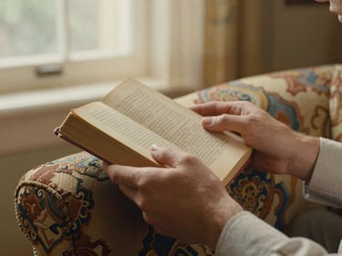 Close-up of a young man's hands holding a worn paperback on a patterned couch, warm afternoon window light, early 1970s grain and color cast
