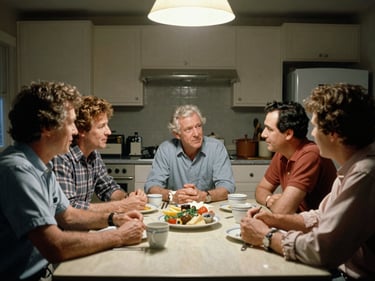 Group of adults seated around a kitchen table mid-conversation, early 1990s, flat overhead light, dishes and cups visible, documentary snapshot framing
