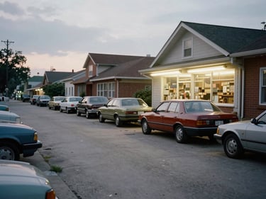 Wide view of a neighborhood block on an overcast afternoon, 1980s, parked cars lining a concrete street, fluorescent light spilling from a corner store window