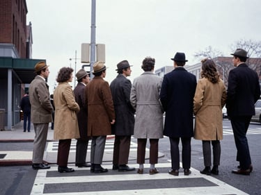 Street corner in early 1970s America, overcast daylight, a group of people waiting at a crosswalk, coats and hats of the era, Kodachrome color rendering, slight lens softness