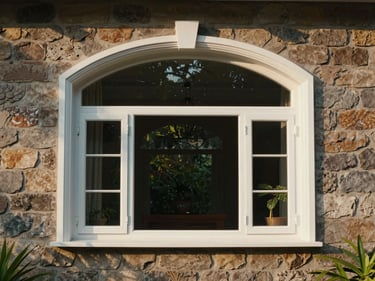 Wide environmental photograph of a UPVC arched window installed in a stone-facade Indian bungalow, the curved white frame catching warm afternoon sunlight, garden foliage reflected in the glass