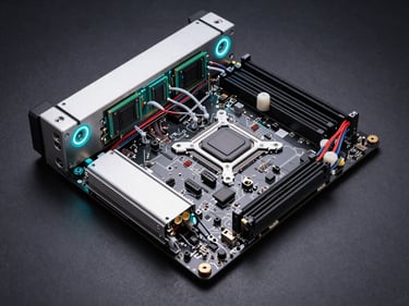 Overhead technical documentation style shot of a high-end workstation motherboard with ECC RAM installed, precision cable routing, dramatic macro studio lighting with cyan gel highlights