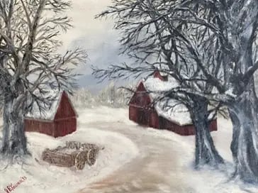 a painting of a barnyard scene with a barn in the snow