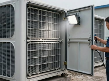 Environmental wide shot of large commercial HVAC air handling unit with access panel open, technician hands operating industrial cleaning equipment inside, bright portable work light illuminating dust-coated coil banks
