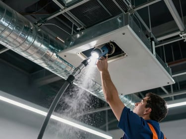 Wide shot of office ceiling ductwork during cleaning job, technician arm reaching into open duct panel with vacuum hose, debris cloud visible under work-site floodlight, exposed ceiling grid in background