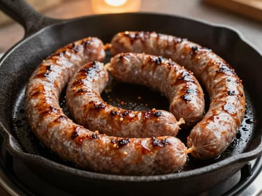 Smoked sausage links coiled on a cast iron skillet, glistening dark casing with split ends showing seasoned interior, warm tungsten light from above