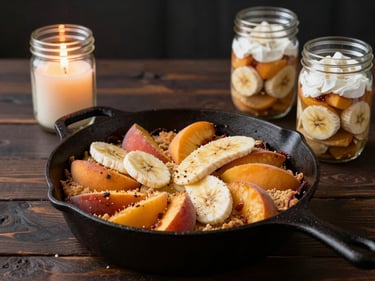 Rustic dessert spread on a dark wood table — peach cobbler in a cast iron pan and thick-sliced banana pudding in mason jars, warm candlelight from the side