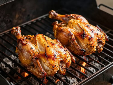 Smoked whole chicken halves on a dark grill grate, golden mahogany skin with light char marks, warm backlit glow, close environmental framing