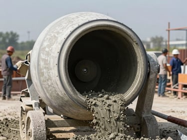 Documentary frame, concrete mixer drum rotating on an active pour site, fresh concrete visible at drum opening, natural daylight, site workers in background coordinating
