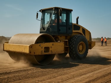 Environmental documentary frame, heavy vibratory compactor rolling a road base layer on an active site, dust rising from compacted surface, natural direct daylight, crew visible at distance