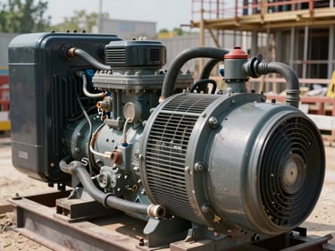 Close-up documentary frame, industrial diesel generator under load on a construction site, cables connected, ventilation grille visible, direct natural daylight, no studio setup