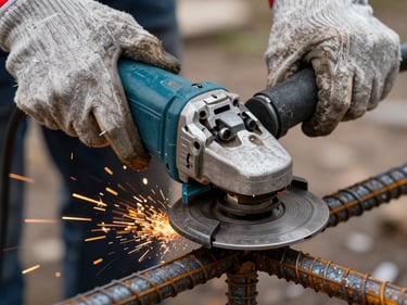 Extreme close-up documentary frame, worker hands operating a heavy-duty angle grinder on steel rebar, sparks visible, natural site lighting, safety gloves in frame, no face visible