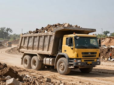 Wide environmental documentary frame, heavy dump truck loaded with excavated material leaving an earthworks site, natural daylight, site scale visible in background, no posed crew